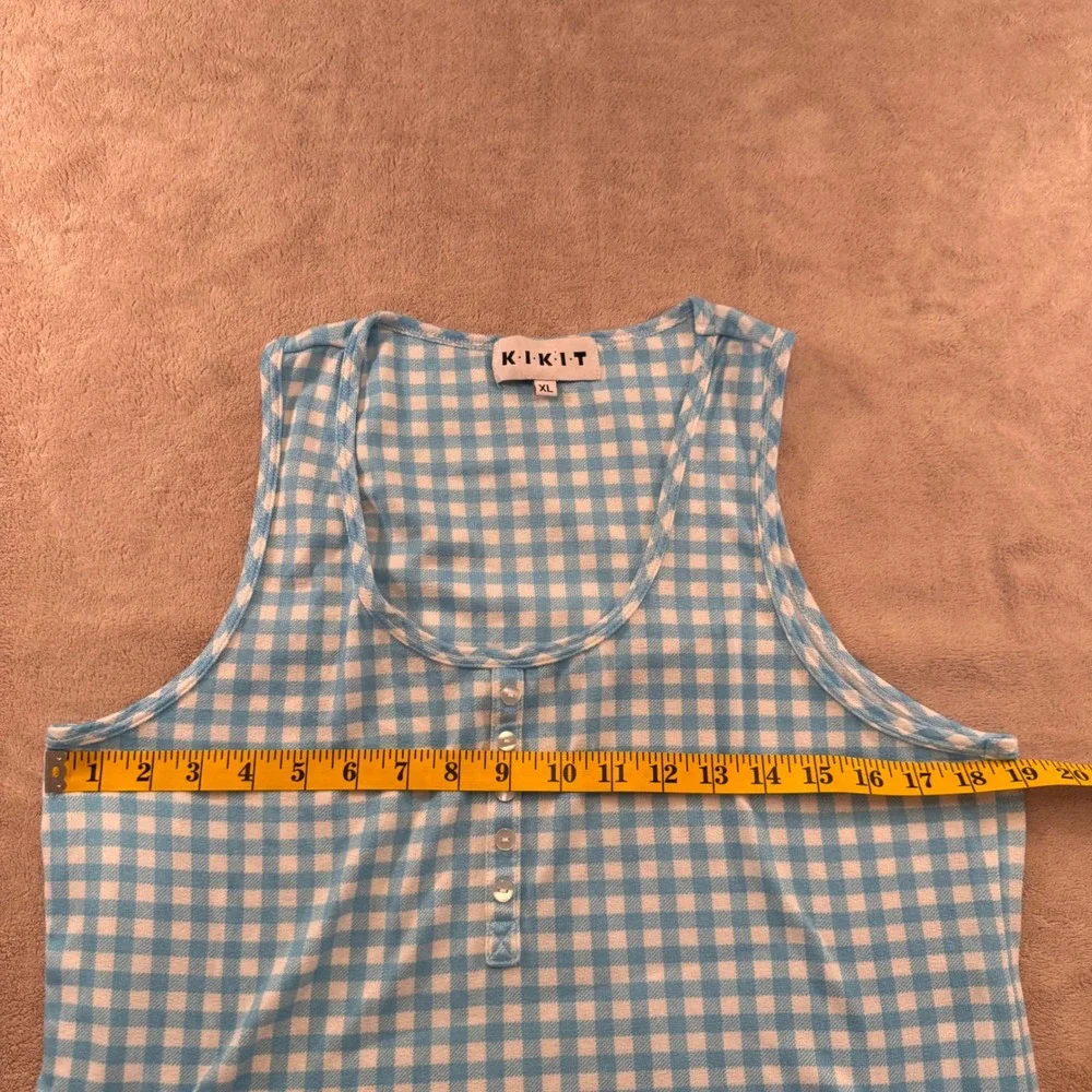 KIKIT Gingham Pajama Set Blue White Henley Tank Shorts Loungewear Sz XL